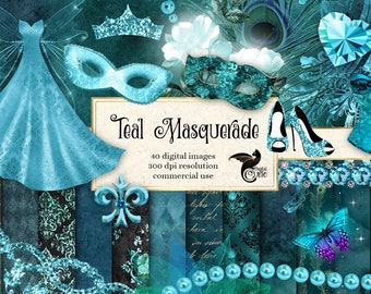 Teal Masquerade Digital Scrapbook Kit, turquoise Mardi Gras clipart and digital paper masquerade clip art graphics instant download
