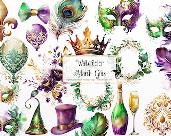 May include: Watercolor clipart graphics for Mardi Gras featuring a crown, feathers, masks, a fleur-de-lis, a hat, a bottle of champagne, and a glass of champagne.