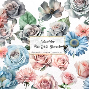 Watercolor Pale Floral Elements Clip Art - blush and baby blue clipart graphics in png format for commercial use