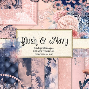 Blush and Navy Digital Scrapbooking Kit, imágenes prediseñadas rosa rubor, papel digital, encaje azul marino, marcos, uso comercial de descarga instantánea