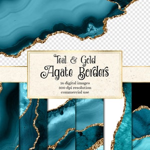 Teal en Gold Agate Borders, digitale aquarel geode PNG overlays met gouden glitter voor commercieel gebruik in huwelijksuitnodiging of webdesign
