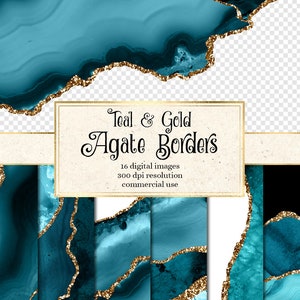 Teal and Gold Agate Borders, digital watercolor geode PNG overlays with gold glitter for commercial use in wedding invitation or web design image 1