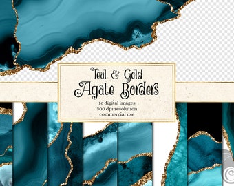 Teal and Gold Agate Borders, digital watercolor geode PNG overlays with gold glitter for commercial use in wedding invitation or web design