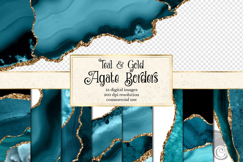 Teal and Gold Agate Borders, digital watercolor geode PNG overlays with gold glitter for commercial use in wedding invitation or web design image 1