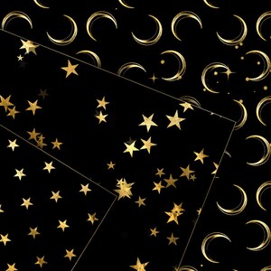 Black and Gold Star Digital Paper, seamless stars, whimsical golden starry night backgrounds scrapbook paper instant download commercial use image 2