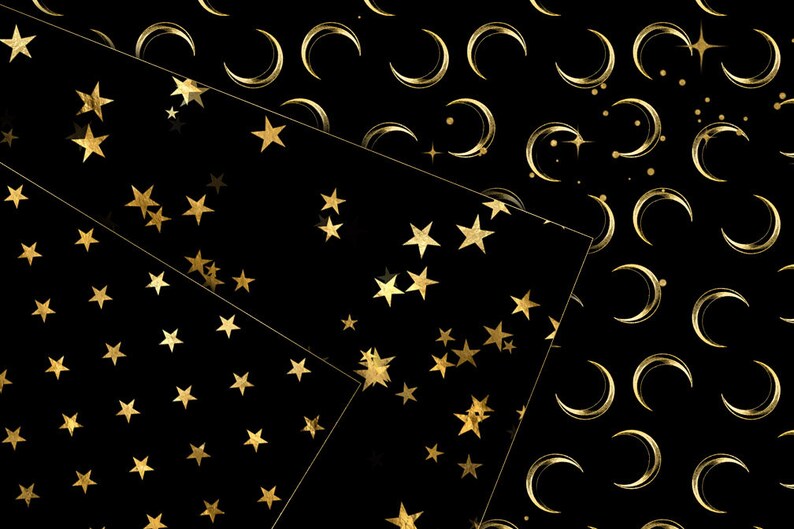 Black and Gold Star Digital Paper, seamless stars, whimsical golden starry night backgrounds scrapbook paper instant download commercial use image 2