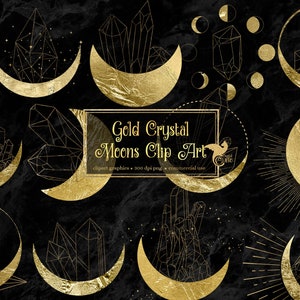 Gold Crystal Moons Clipart - digital clip art graphics of boho mystical moon with stars for commercial use