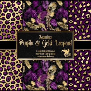 Papel digital leopardo roxo e dourado, padrões de manchas de leopardo sem costura, impressão animal safari estilo Art Deco arte digital uso comercial