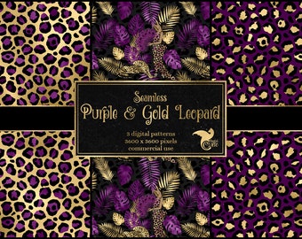 Purple and Gold Leopard Digital Paper, Seamless Animal Print (Digital Art)
