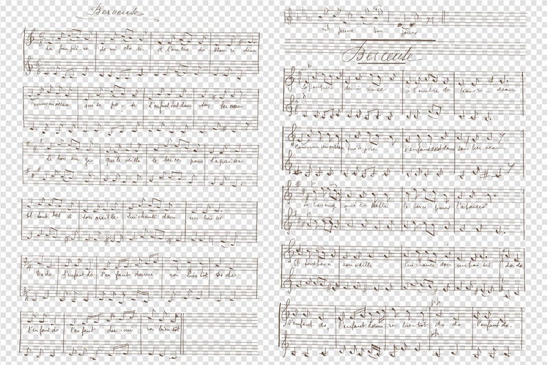 K&ouml;nnte beinhalten: Doppelseitige handschriftliche Noten mit Noten und franz&ouml;sischem Text. Der Titel "Bercade" steht oben auf der rechten Seite. Die Musik ist in schwarzer Tinte auf wei&szlig;em Hintergrund.