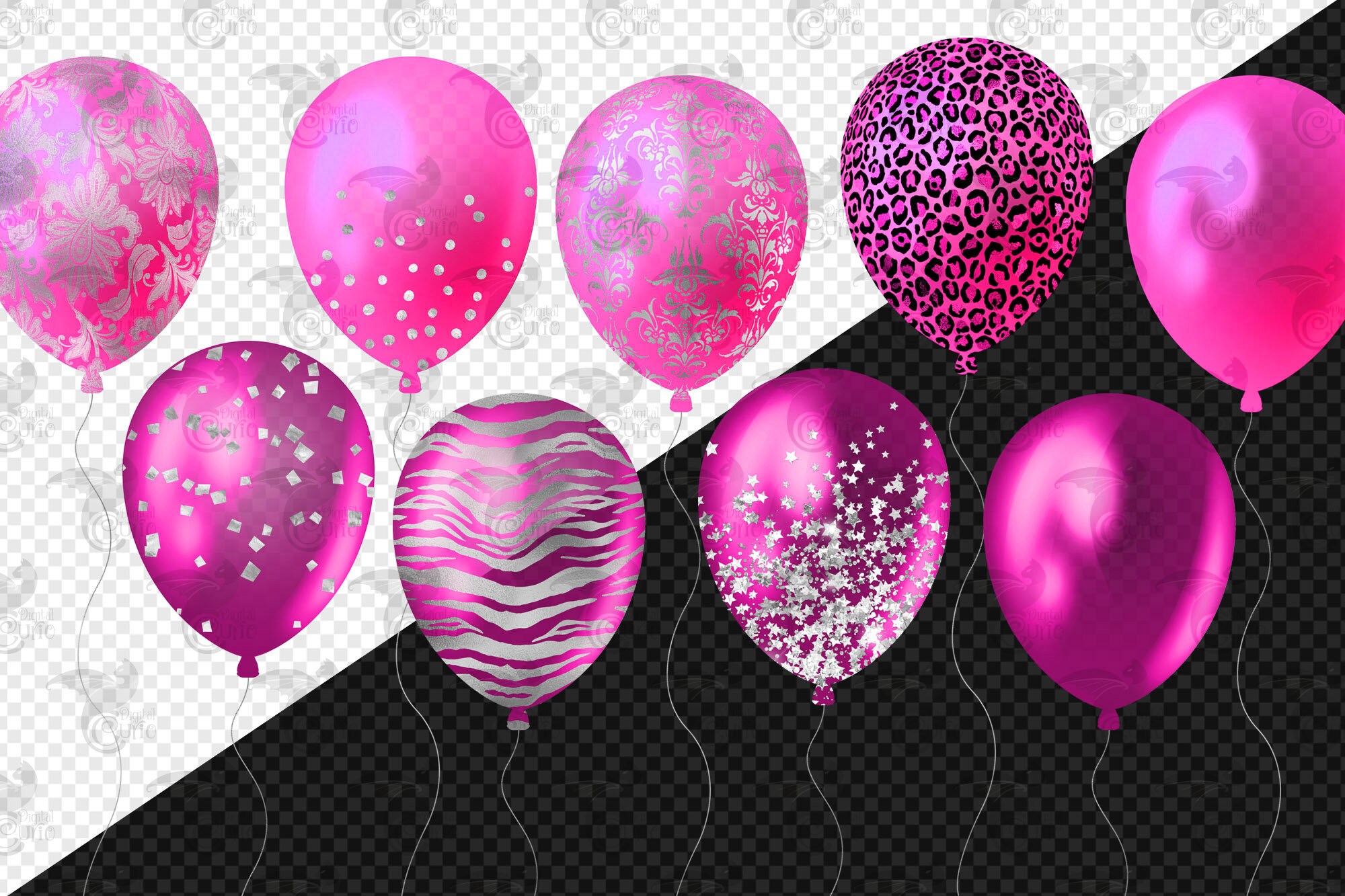 Hot Pink and Silver Balloons Clipart, Glitter Confetti Overlays (PNG ...