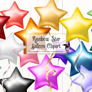 Regenbogen Sterne Ballons Clipart - niedliche Geburtstagsparty Ballon und Bänder png Clip Art Grafiken sofortiger Download für kommerzielle Nutzung