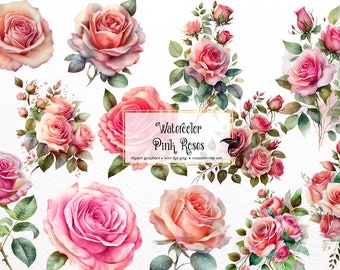 Pink Watercolor Roses Clipart - pink roses and leaves in PNG format instant download for commercial use