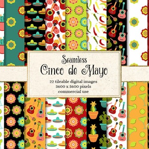 Papier numérique Cinco de Mayo, papier numérique fiesta, motifs sans couture, arrière-plans mexicains, téléchargement de papier scrapbook imprimable fête mexicaine