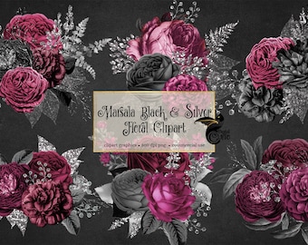 Marsala Black and Silver Floral Clipart, purple flower bouquets black and silver glitter wedding flowers instant download commercial use