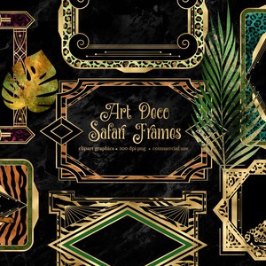 May include: Set of eight gold and black Art Deco safari frames with animal print patterns. The frames are decorated with leopard, tiger, and cheetah prints. The text "Art Deco Safari Frames" is written in gold lettering.