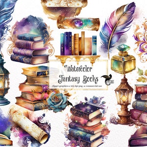 Watercolor Fantasy Books Clipart - galaxy wizard book stacks and shelves PNG format instant download for commercial use