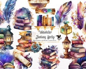 Watercolor Fantasy Books Clipart - galaxy wizard book stacks and shelves PNG format instant download for commercial use