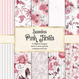 Pink Floral Digital Paper, seamless backgrounds with pink flower bouquets and botanical instant download for commercial use