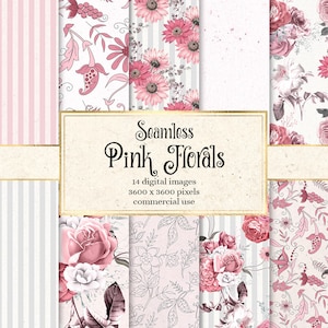 Pink Floral Digital Paper, seamless backgrounds with pink flower bouquets and botanical instant download for commercial use