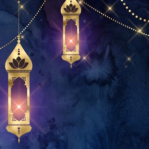 May include: Two gold lanterns with intricate designs hang from a string of lights against a dark blue watercolor background.