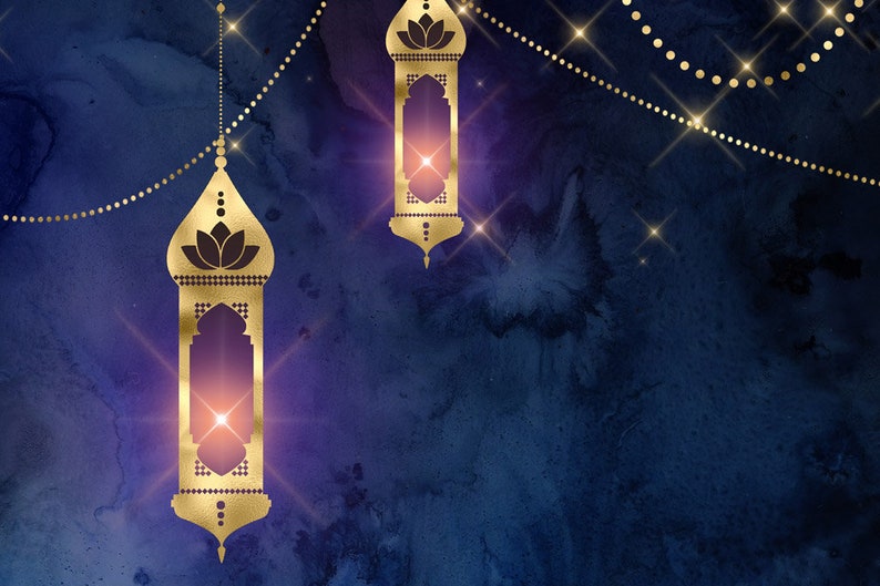 May include: Two gold lanterns with intricate designs hang from a string of lights against a dark blue watercolor background.