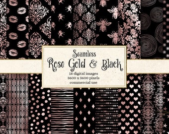 Rose Gold & Black Digital Paper – Seamless Foil Backgrounds (Digital Download)