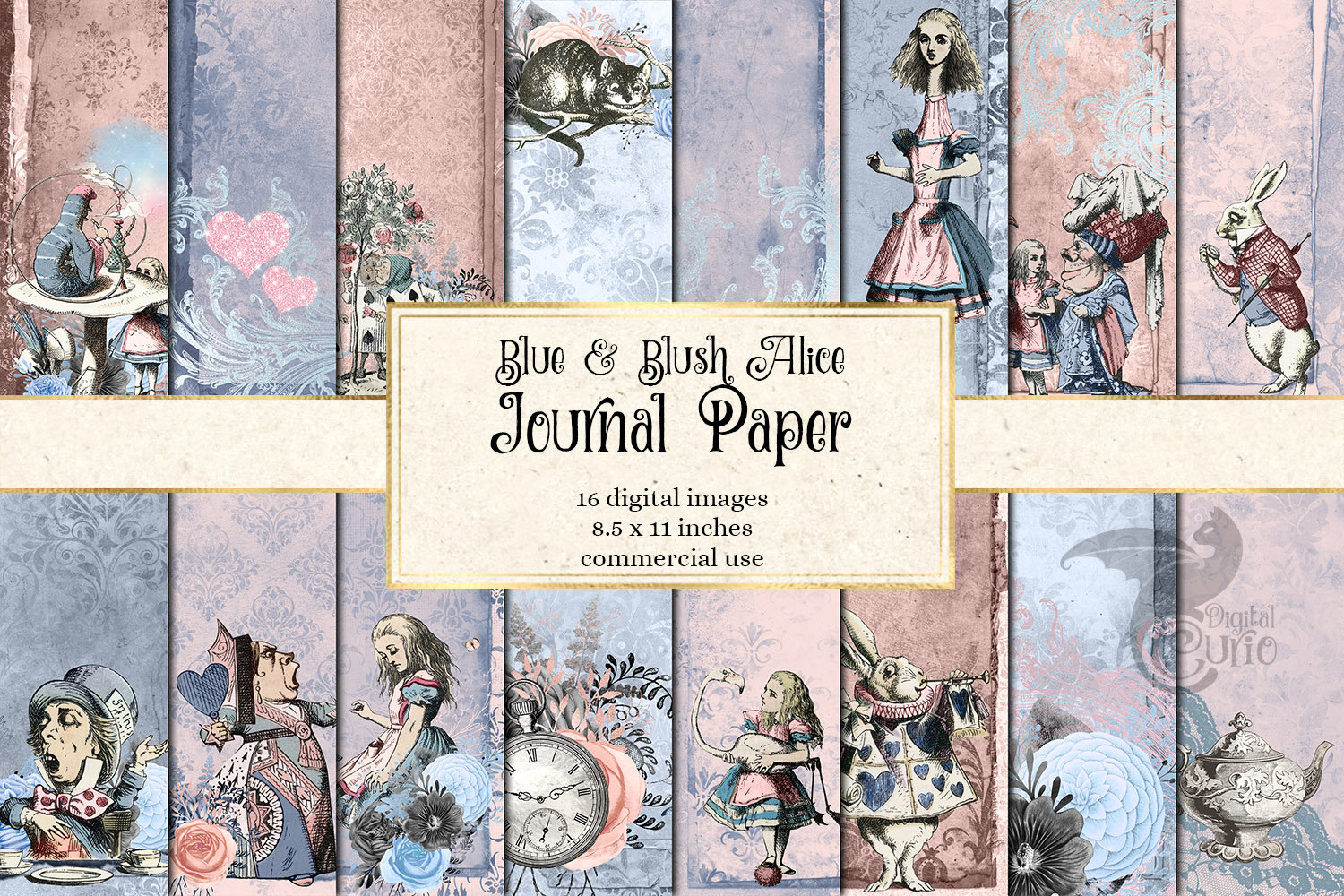 Blue and Blush Alice's Adventures in Wonderland Journal Paper, notebook digital paper junk journal pages printable 8.5x11 inch scrapbook