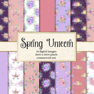 Carta digitale Spring Unicorn, carta scrapbook stampabile rosa e viola senza soluzione di continuità, sfondi di fiori d&#39;oro, carte acquerello rosa