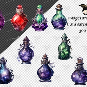 May include: Nine watercolor illustrations of potion bottles with various colors and designs. The bottles are filled with a swirling galaxy-like liquid. The bottles are isolated on a transparent background.