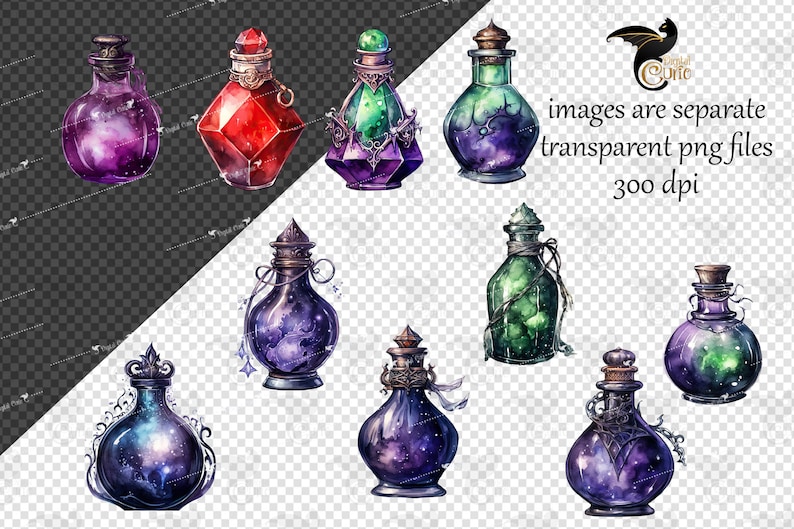 May include: Nine watercolor illustrations of potion bottles with various colors and designs. The bottles are filled with a swirling galaxy-like liquid. The bottles are isolated on a transparent background.