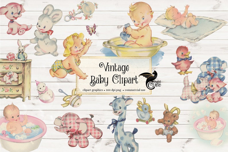 May include: Vintage baby clipart graphics featuring a variety of images including babies in bathtubs, a bunny rabbit, a duck, a giraffe, a teddy bear, and a snowman. The graphics are in a cartoon style and are perfect for scrapbooking, card making, and other craft projects.