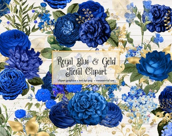 Royal Blue and Gold Floral Clipart shabby wedding rustic navy blue and gold foil flowers vintage antique clip art embellishments