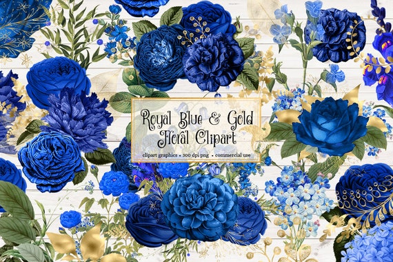 Gold Blue Flowers II print by RileyB