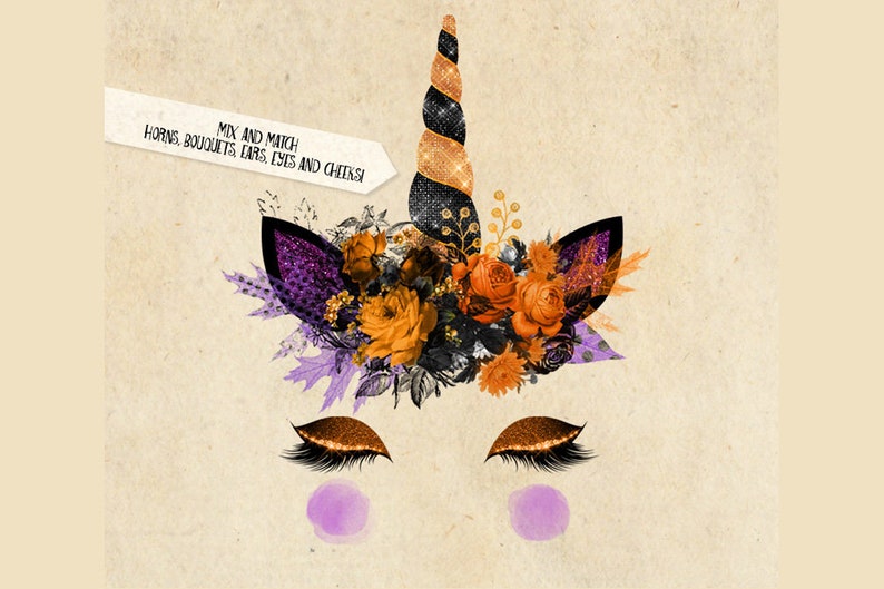 K&ouml;nnte beinhalten: Ein schwarzer und goldener Einhornkopf mit einer Blumenkrone aus orangefarbenen, gelben und violetten Blumen. Das Einhorn hat schwarze und goldene Glitzerh&ouml;rner, violette Glitzerohren und braune Glitzerwimpern.