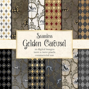 Golden Carousel digital paper, seamless printable circus backgrounds moon and stars astrology fortune telling gold patterns