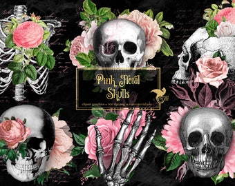 Pink Floral Skull Clipart, Antique Illustrations (PNG Digital Download)