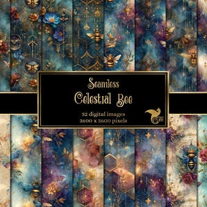 May include: A digital art collection featuring seamless patterns with celestial bee designs. The patterns showcase bees, flowers, and geometric shapes in shades of blue, gold, and purple. The text "Seamless Celestial Bee" is displayed on a black banner.