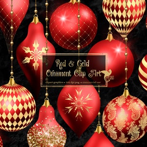 赤と金のクリスマスオーナメントのクリップアート、デジタルグリッターのクリスマスボールオーナメントのクリップアート（商用利用可、png形式）