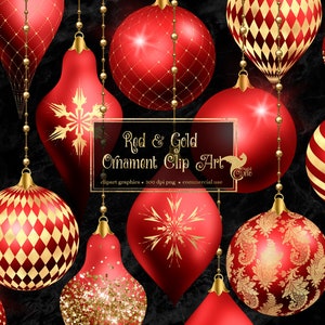 Red and Gold Christmas Ornaments Clipart, digital glitter Christmas ball ornament clip art in png format for commercial use