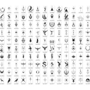 May include: A collection of black and white tattoo designs featuring various symbols and illustrations. The designs include animals, celestial bodies, and geometric shapes. Each design is displayed on a white background, creating a clean and organized presentation.