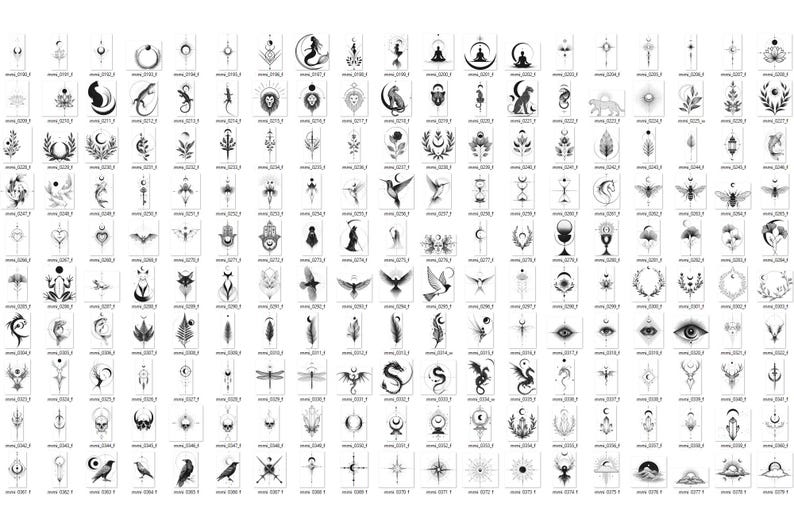 May include: A collection of black and white tattoo designs featuring various symbols and illustrations. The designs include animals, celestial bodies, and geometric shapes. Each design is displayed on a white background, creating a clean and organized presentation.