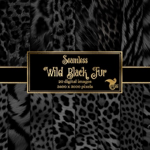 Könnte beinhalten: Eine Sammlung nahtloser digitaler Bilder mit verschiedenen Mustern aus schwarzem Fell. Die Bilder zeigen verschiedene Texturen und Designs, darunter gepunktete und gestreifte Muster. Der Text "Seamless Wild Black Fur" wird in einem goldenen Rahmen angezeigt.