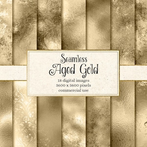 Papel digital de ouro envelhecido, texturas de ouro sem costura, fundos de ouro antigos desgastados, folha de ouro vintage, metal, metálico