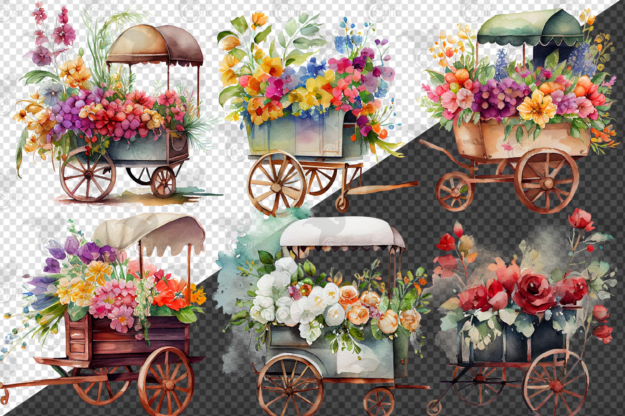 Watercolor Flower Carts Clipart - Florist PNG Format Instant Download ...