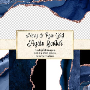 Navy and Rose Gold Agate Borders, digital watercolor geode PNG overlays with glitter for commercial use in wedding invitation or web design image 1