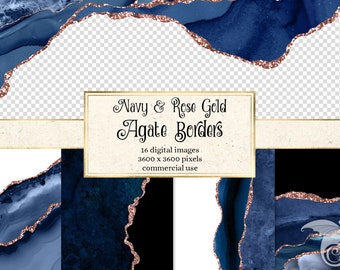 Navy and Rose Gold Agate Borders, digital watercolor geode PNG overlays with glitter for commercial use in wedding invitation or web design