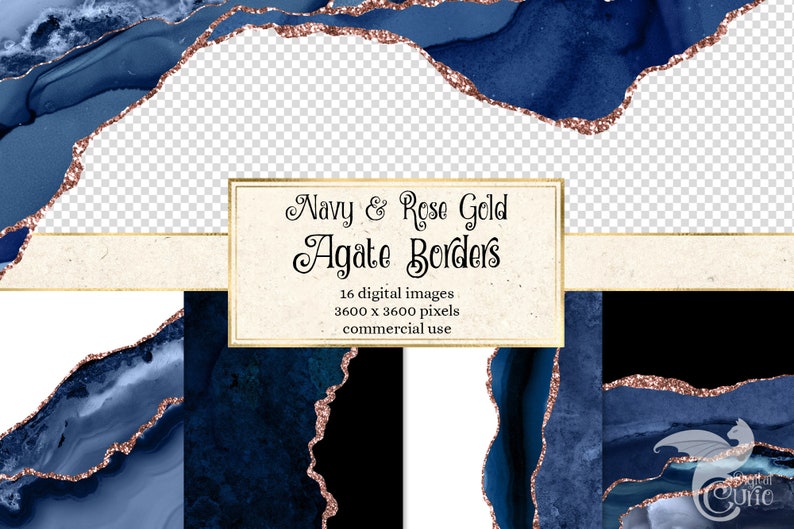 Navy and Rose Gold Agate Borders, digital watercolor geode PNG overlays with glitter for commercial use in wedding invitation or web design image 1