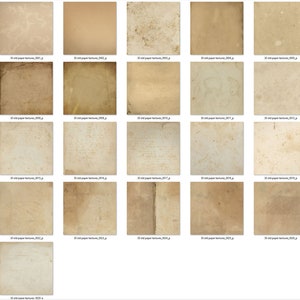 May include: A collection of 25 old paper textures in various shades of brown and beige. The textures show signs of age, including wrinkles, creases, and stains.
