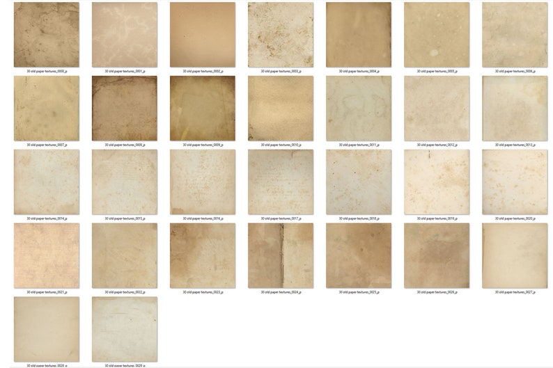 May include: A collection of 25 old paper textures in various shades of brown and beige. The textures show signs of age, including wrinkles, creases, and stains.
